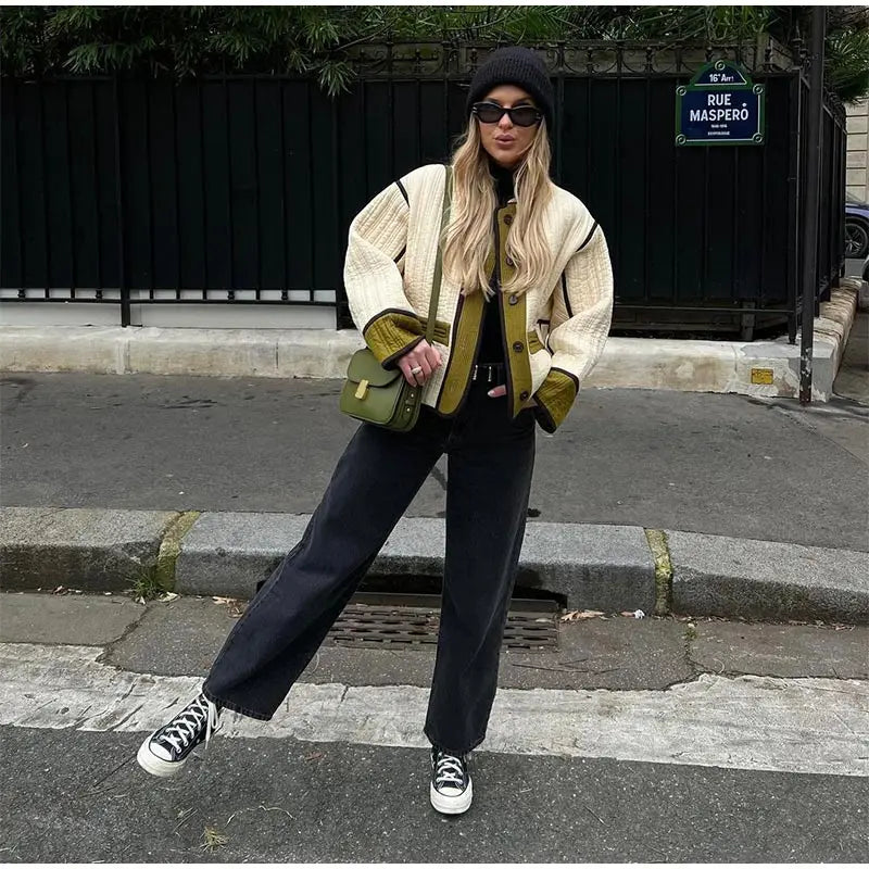 Rosie Quilted Jacket | Piped Trim Button Front Patch Pockets Jacket