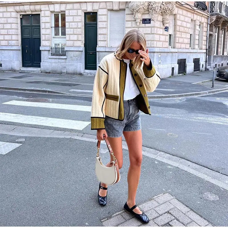 Rosie Quilted Jacket | Piped Trim Button Front Patch Pockets Jacket