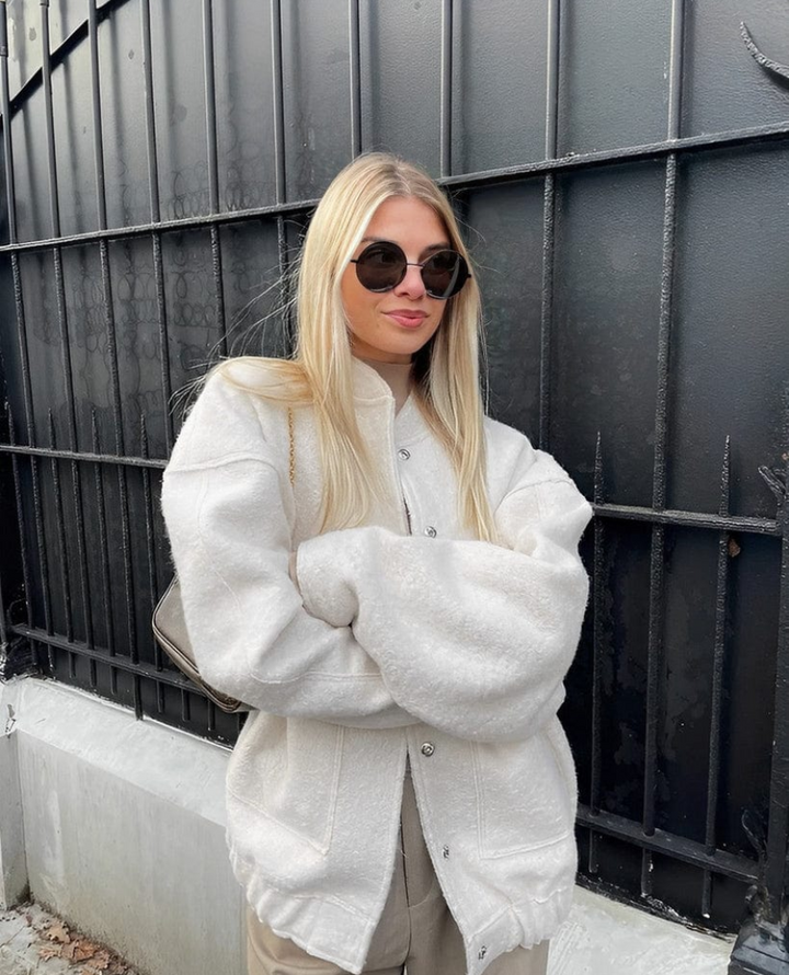 Rosie Wool-Blend Oversized Jacket | Button Front Collarless Jacket