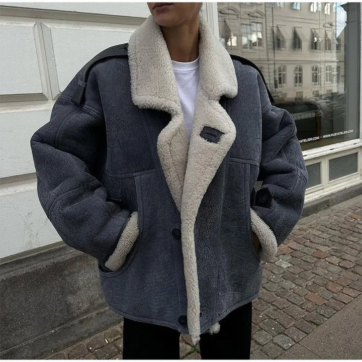 Isla Wool-Blend Oversized Aviator Jacket | Shearling Trim Button Front Jacket