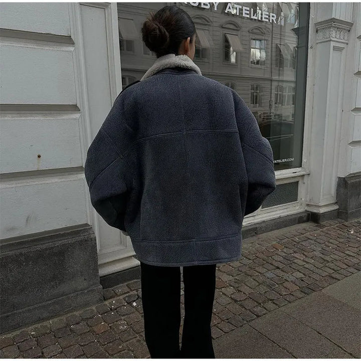 Isla Wool-Blend Oversized Aviator Jacket | Shearling Trim Button Front Jacket