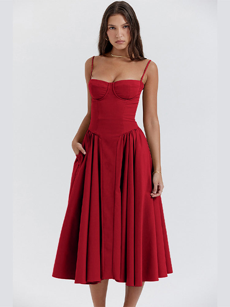 Red dress worn by a model on a white background
