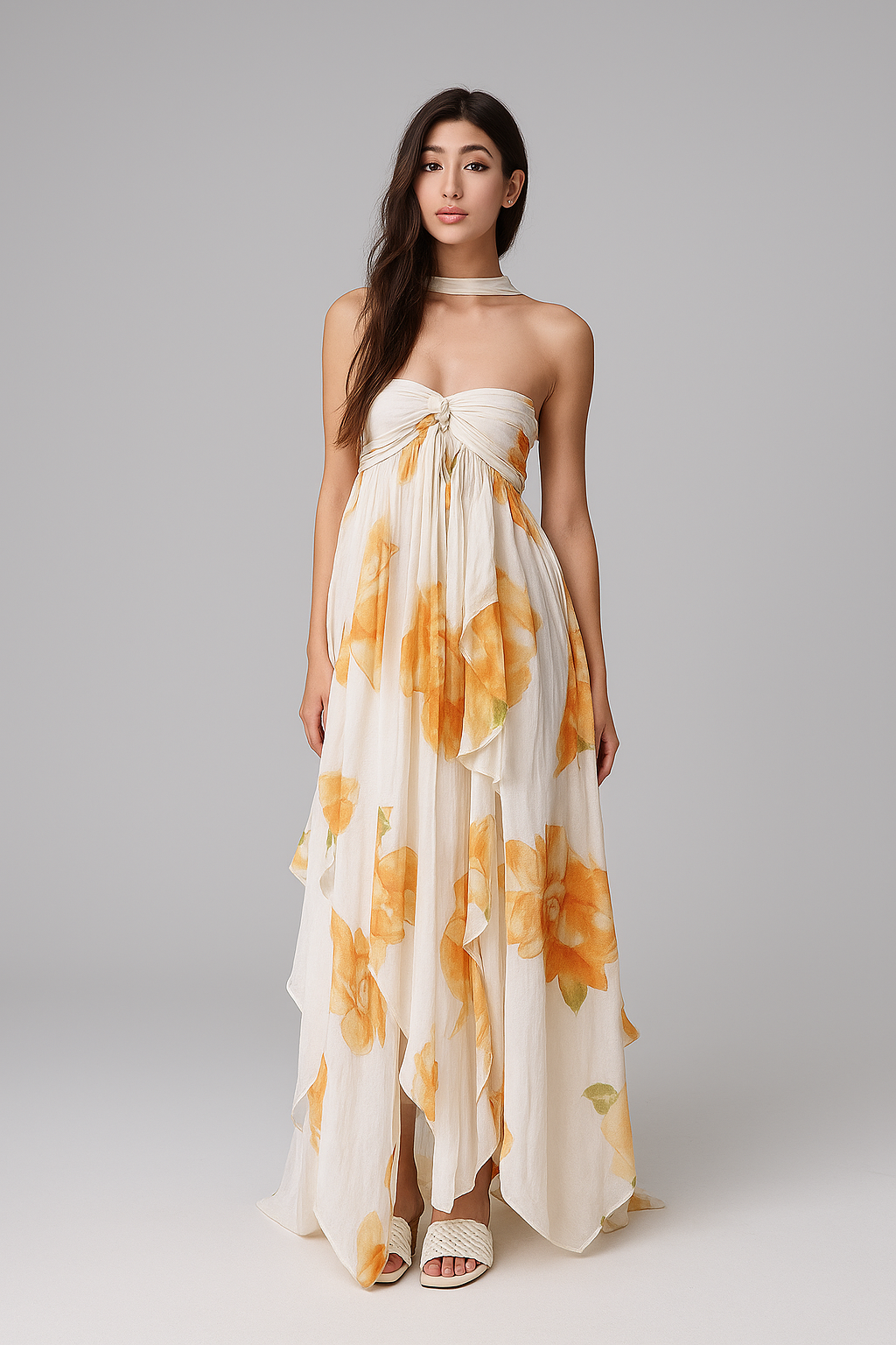 Woman wearing a strapless floral dress on a plain background
