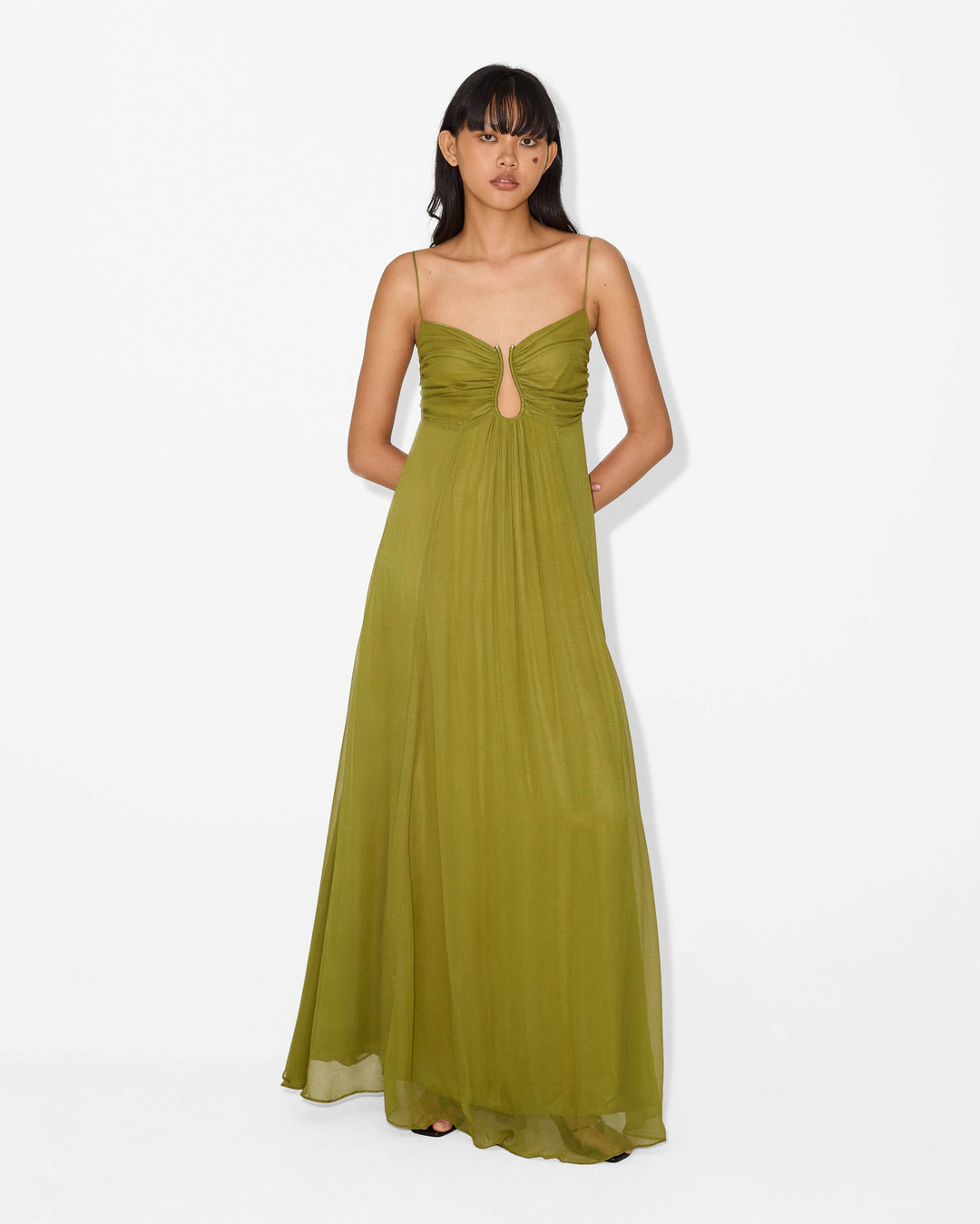 front view of green maxi dress 