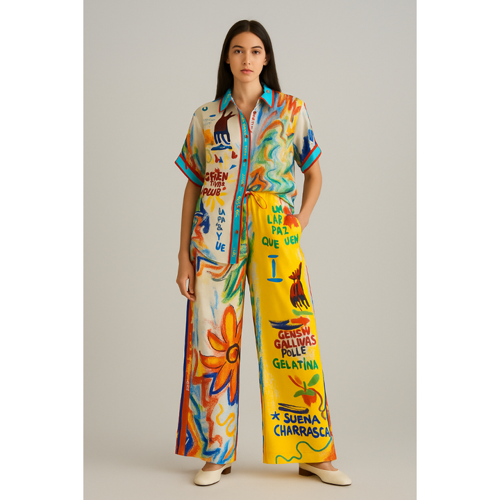 Woman wearing a colorful outfit with graphic design on a plain background