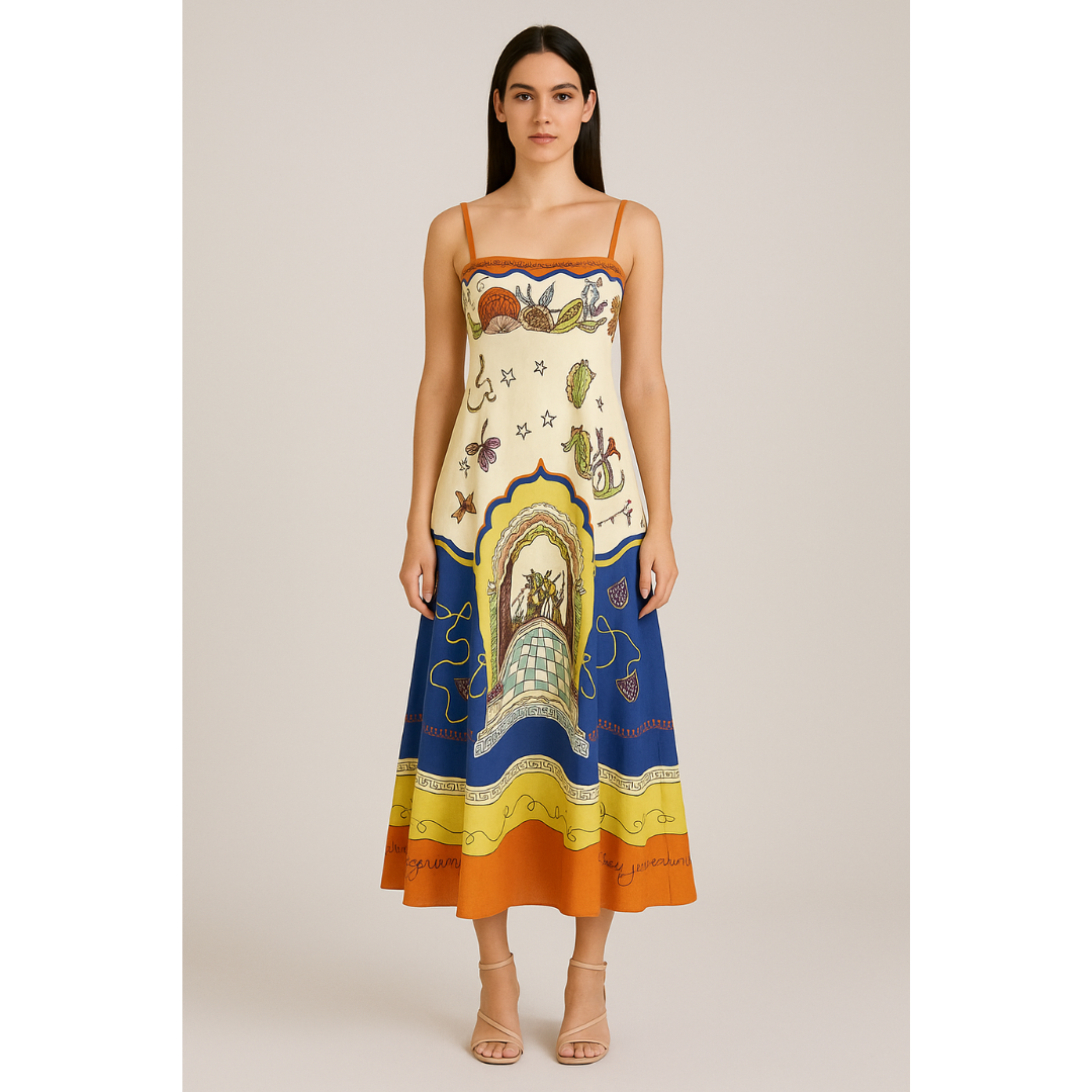 Woman wearing a colorful dress with intricate patterns on a plain background