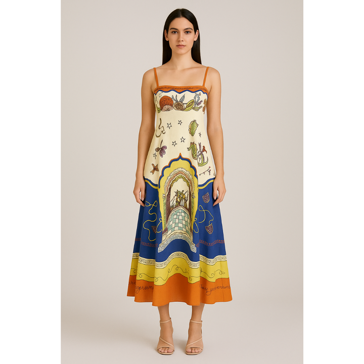 Woman wearing a colorful dress with intricate patterns on a plain background